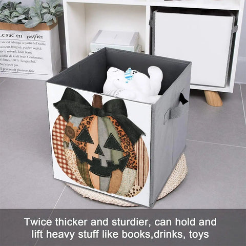 Kicker Quality Patchwork Fabric Storage Cube Built For Quick Room Upgrades With Heavy Duty Stitching And A Knockout Pumpkin Silhouette, featuring a filled gray bin.