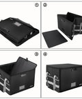 Collapsible Fireproof File Box With Lock And Zipper Pockets shown in various stages of setup, suitable for home office storage.