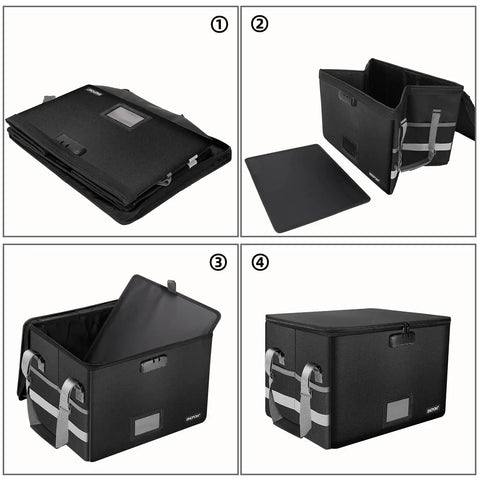 Collapsible Fireproof File Box With Lock And Zipper Pockets shown in various stages of setup, suitable for home office storage.