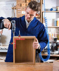 Man using Four Pack 5.5 Inch Corner Clamps for Woodworking, 90 Degree Right Angle Clamps with Aluminum Alloy Positioning Squares on a cabinet.