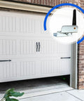 Open garage door with circled Genie Screw Drive Garage Door Opener Limit Switch Replacement 20113R 19795S 22785R, aftermarket part