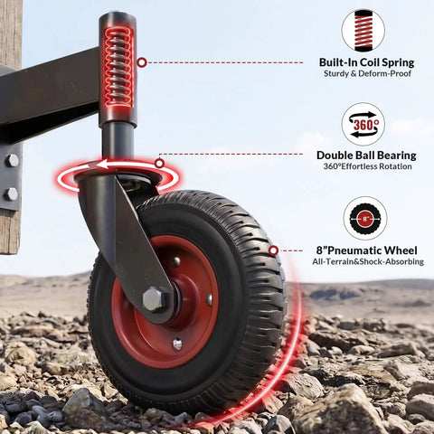8 Inch Spring Loaded Gate Caster Wheel Heavy Duty Pipe Gate Roller Smooth As Butter Outdoor Slider showing coil spring and pneumatic tire.