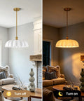 puncoll 15.7 Vintage Milk Glass Pendant Light Kitchen Island in two lighting modes, showcasing brushed gold finish and elegant white glass shade.
