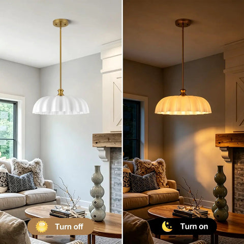 puncoll 15.7 Vintage Milk Glass Pendant Light Kitchen Island in two lighting modes, showcasing brushed gold finish and elegant white glass shade.