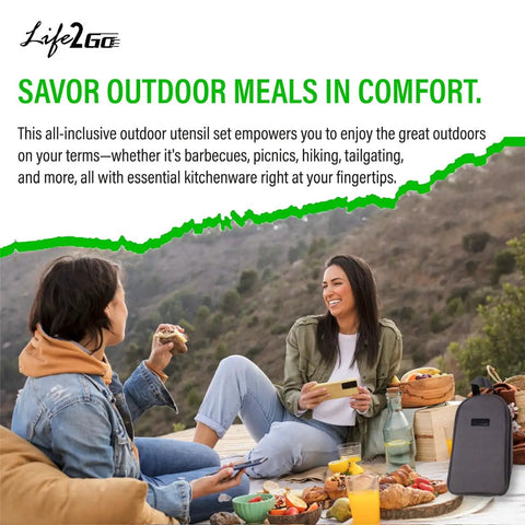 Two people enjoying a meal outdoors with All-In-One Outdoor Kitchen Kit 12-Piece Stainless Steel Camping Utensils Set.