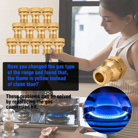 Woman cooking on stove with LP Gas Conversion Kit For Gas Ranges And Stovetops, Propane Orifice Set, 12 Brass Parts shown