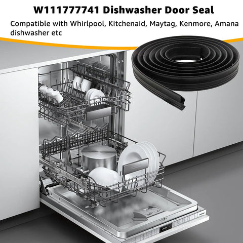 Dishwasher Door Gasket Seal Replacement For Whirlpool Maytag KitchenAid Kenmore Amana, black rubber, shown beside open dishwasher