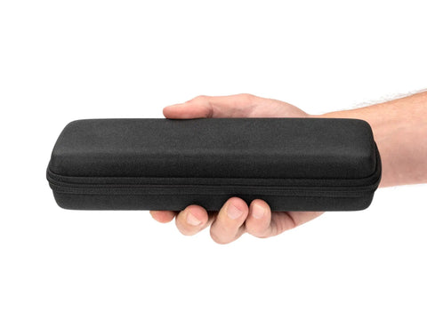 Hand holding a closed compact zipper case for 1/4 Inch Drive Bit Driver And 37-Piece Bit Set In Durable Case With Phillips, Slotted, Square Bits.