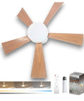 Small Ceiling Fan With Light And Remote 20.5 Inch 2 In 1 Fixture, E26 E27 Base, Light Wood Finish, shown with remote and packaging.