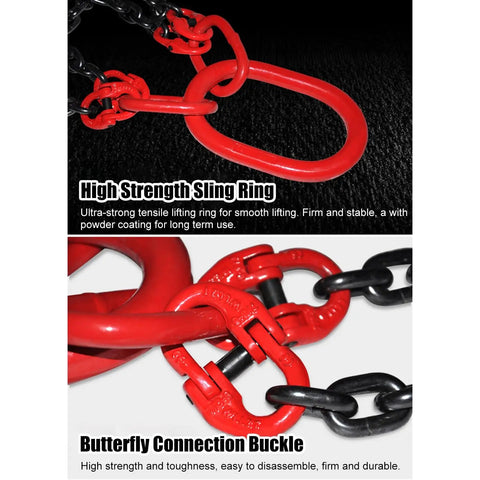 Kick Butt Heavy Duty Chain Lifting Sling 4 Leg 3 Ton 6614 Lbs Capacity Self Locking Hook showing red high strength sling ring and butterfly connection buckle.
