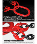 Close-up of Heavy Duty Four Leg Chain Sling For Hoisting Truck Engines And Steel Beams With Grip Tight Self Locking Hooks 6614 Lb Capacity showing red lifting ring and buckle.