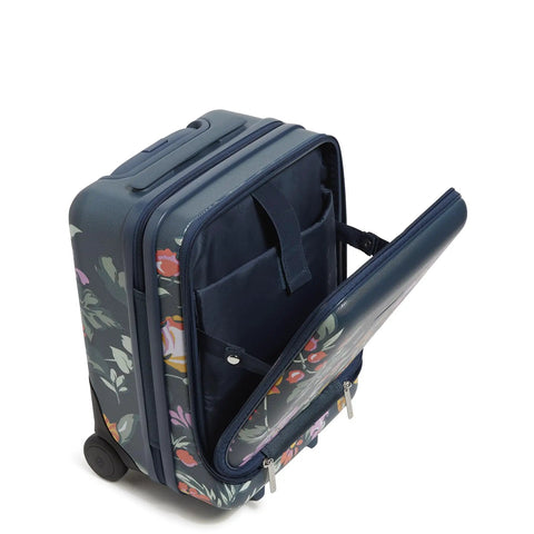 Underseat Carry On Rolling Luggage With USB Charging Port And Durable Hard Shell Protection Fresh Cut Floral Green Finish open view