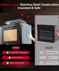 Compact Food Dehydrator Machine With Eight Stainless Steel Trays And Six Hundred Fifty Watt Motor Adjustable Up To One Hundred Sixty Seven Degrees Fahrenheit Plus Forty Eight Hour Timer showing double-layer stainless steel construction for insulation.