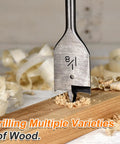 Three Piece Spade Drill Bit Set Three Quarter Inch Paddle Flat Bits For Woodworking with wood shavings in background