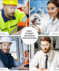 Heavy Duty 72 Pack Safety Glasses With Side Shields And Rock Solid Ansi Z87 Plus Certification For Top Tier Eye Protection On Construction Sites Featuring Tough As Nails Clear Lenses worn by workers in various settings including laboratory, outdoors, medical, and industrial.