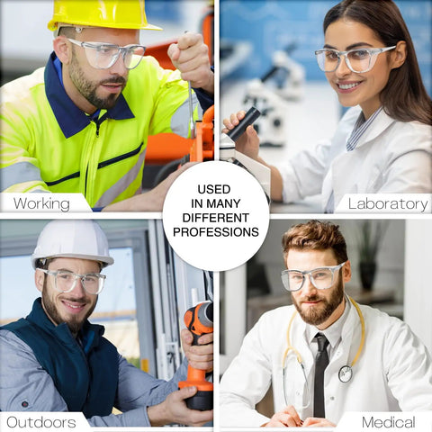 Heavy Duty 72 Pack Safety Glasses With Side Shields And Rock Solid Ansi Z87 Plus Certification For Top Tier Eye Protection On Construction Sites Featuring Tough As Nails Clear Lenses worn by workers in various settings including laboratory, outdoors, medical, and industrial.