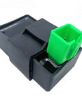 5 Pin CDI Box for ATC 110 3 Wheeler ATV 1981 1982 1983 Replacement Ignition Module With Spark Timing Control, Easy Install, Durable Build, Fits Classic 3 Wheel ATV Engine. Close-up view of the black and green ignition module.