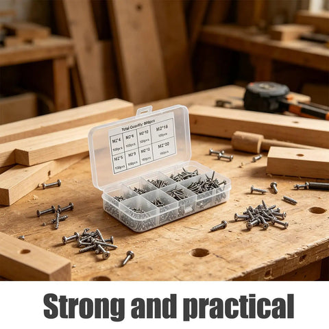 Self Tapping Screws Set Round Head Kit M2 800 Pcs Carbon Steel Assortment in case on woodwork table