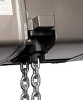 Close-up of Heavy Duty Electric Chain Hoist With Slick Two Speed Trolley One Ton Capacity and Ten Foot Lift Range showing chain and motor details.