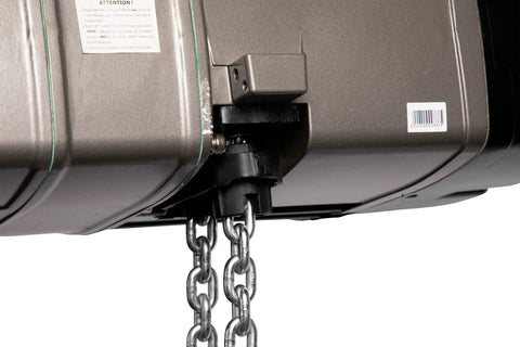 Close-up of Heavy Duty Electric Chain Hoist With Slick Two Speed Trolley One Ton Capacity and Ten Foot Lift Range showing chain and motor details.