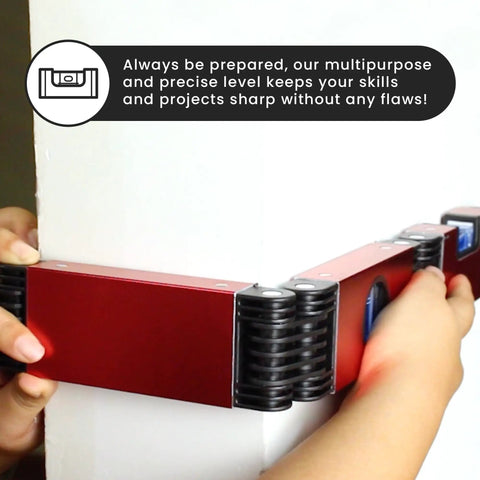 Foldable 28 Inch Pro Grade Level Tool Set With Magnetic Bubble Level in use around a corner, showcasing multi-angle capability.
