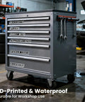 Heavy Duty Magnetic Toolbox Labels Set on metal tool chest with drawers labeled in 3D breaker style in a garage workshop.