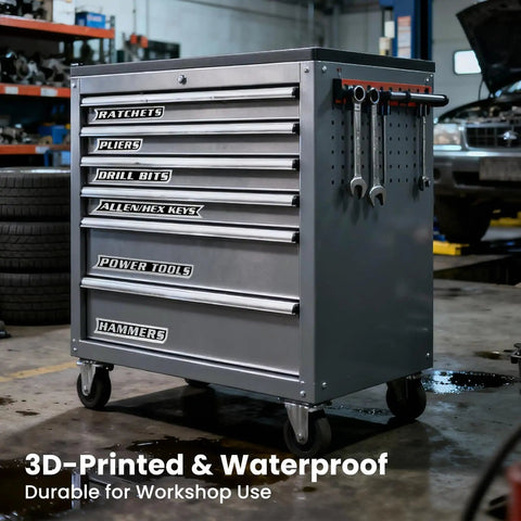 Heavy Duty Magnetic Toolbox Labels Set on metal tool chest with drawers labeled in 3D breaker style in a garage workshop.