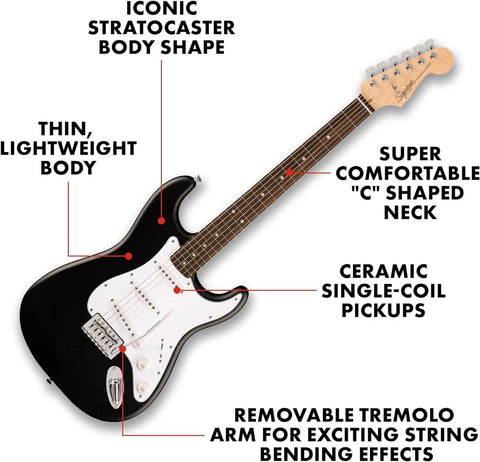 Stratocaster Style Electric Guitar with body shape, 'C' neck, ceramic pickups in Starter Kit With Frontman 10G Amp, Black