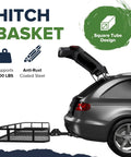 Folding Hitch Cargo Basket Rack 60 Inch 23 Inch 5.5 Inch Beefy 500 Lb Capacity Heavy Duty Steel Mesh Carrier attached to SUV