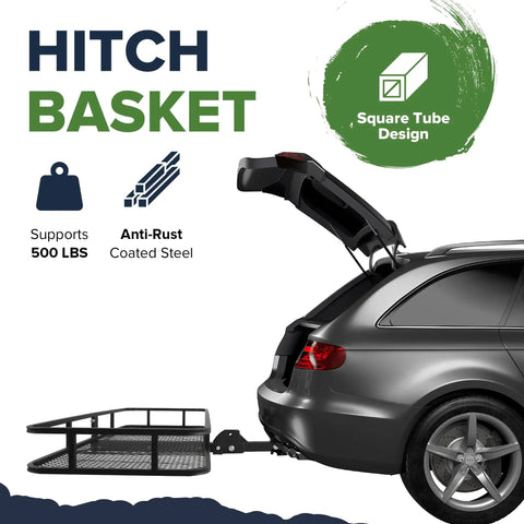 Folding Hitch Cargo Basket Rack 60 Inch 23 Inch 5.5 Inch Beefy 500 Lb Capacity Heavy Duty Steel Mesh Carrier attached to SUV