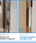 Comparison of rusted magnet and installed stainless steel U channel shower door magnet with screws for swing doors.