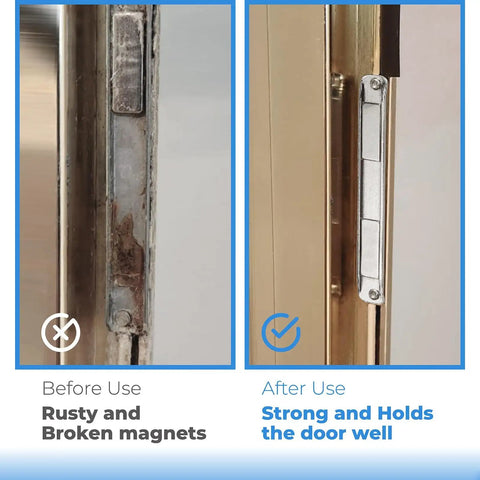 Comparison of rusted magnet and installed stainless steel U channel shower door magnet with screws for swing doors.
