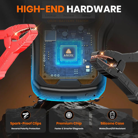 Two In One OBD2 Car Diagnostic Scanner And Battery Tester on digital chip background with high-end spark-proof clips