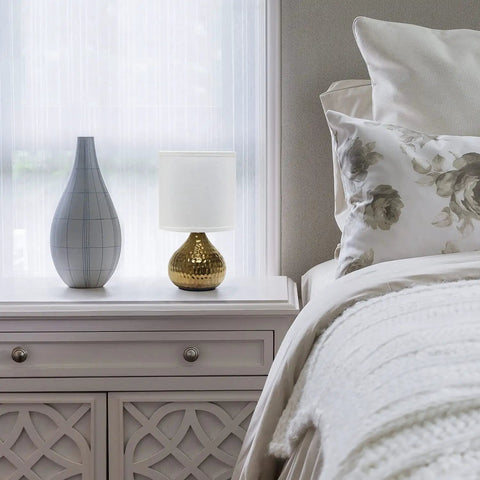 Hammered Gold Drip Table Lamp With White Fabric Shade Mini Size On Cord Switch 40W Type B Candelabra Bulb Not Included on nightstand