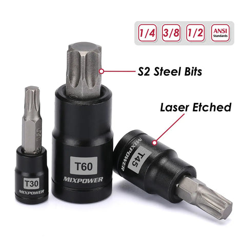 Torx Bit And Socket Set 25 Piece With 13 Star Bits T8 To T60 And 12 E Torx Sockets E4 To E22 Hardcore CRV Steel Drop Forged And Heat Treated Auto And Motorcycle Mechanic Grade showing T30, T45, T60 bits