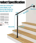 Pro Level Wrought Iron Hand Rails For Outdoor Steps 2 Or 3 Adjustable Indoor Outdoor Stair Railing Kit with measurements and parts.