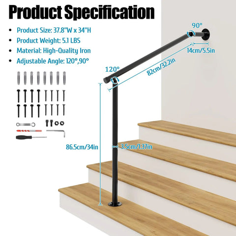 Pro Level Wrought Iron Hand Rails For Outdoor Steps 2 Or 3 Adjustable Indoor Outdoor Stair Railing Kit with measurements and parts.