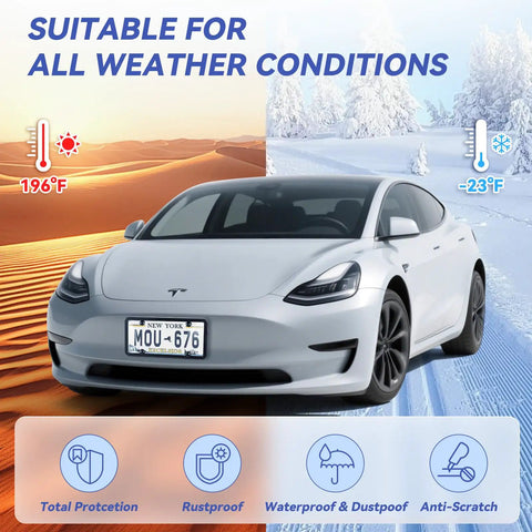 Two Pack License Plate Cover And Frame Set Built From Heavy Duty ABS For All Weather Use Got You Covered With Rust Proof And Corrosion Resistant Car License Plate Protector With Screws And Caps Universal Fit Black, shown on a car in all-weather conditions illustration.