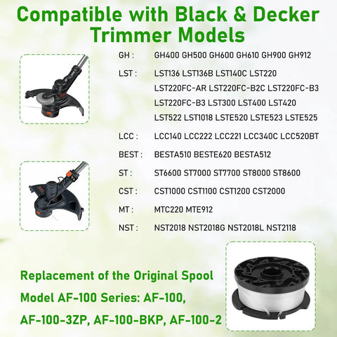 10 Pack Weed Eater Spool Replacements For Black And Decker AF-100 And AF Series Trimmers, compatible models list and spool image