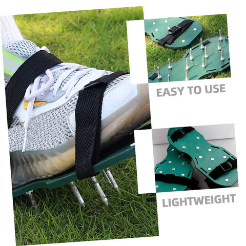 Shoe with 16-Piece Lawn Aerator Shoes Straps For Easy Soil Aeration, spike sandals on grass, showing durable adjustable straps.