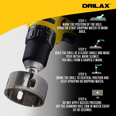 Drilax diamond hole saw, 2-3/4 in diameter with 1-1/8 in cut depth and 3/8 in shank, for tile, glass, granite & porcelain.