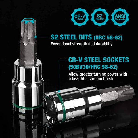 Allen Bit Socket Set For Three Eighths Inch Drive Torx Twenty One Piece Premium CRV Sockets And S2 Bits Metric And SAE