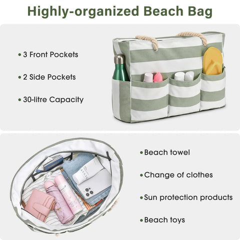 Ultra Large Canvas Beach Tote For Women, zippered, waterproof and sandproof, foldable with seven pockets displaying contents.