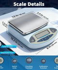 Pro Grade 5000g Digital Analytical Balance With 0.01g Resolution showing size, buttons, and features on a lab counter.