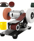 Mini Electric Belt Sander And Knife Sharpener Tool For DIY Enthusiasts Compact Desktop Grinder With Polisher showing sanding and polishing components.