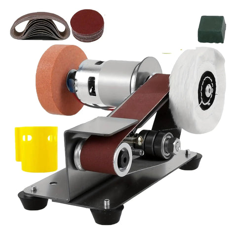 Mini Electric Belt Sander And Knife Sharpener Tool For DIY Enthusiasts Compact Desktop Grinder With Polisher showing sanding and polishing components.