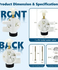 Heavy Duty RV Toilet Water Valve Kit Replacement For Pedal Flush Campers And RV Trailers Featuring Broad Fitment Specs For Plug And Play Upgrades And Zero Hassle, front and back views with dimensions.