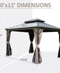 10x12 Hardtop Gazebo With Gutters And Galvanized Double Roof For Year-Round Outdoor Living, shown with dimensions and curtains
