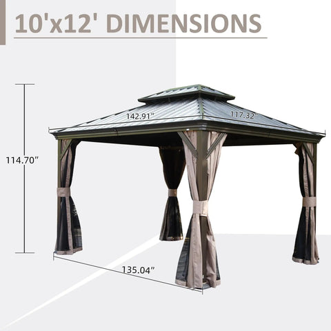 10x12 Hardtop Gazebo With Gutters And Galvanized Double Roof For Year-Round Outdoor Living, shown with dimensions and curtains