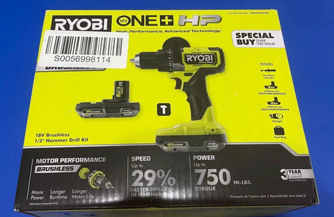 Box of 18V Brushless Hammer Drill Kit Half Inch Chuck Cordless Drill For Concrete And Brick with accessories and features listed